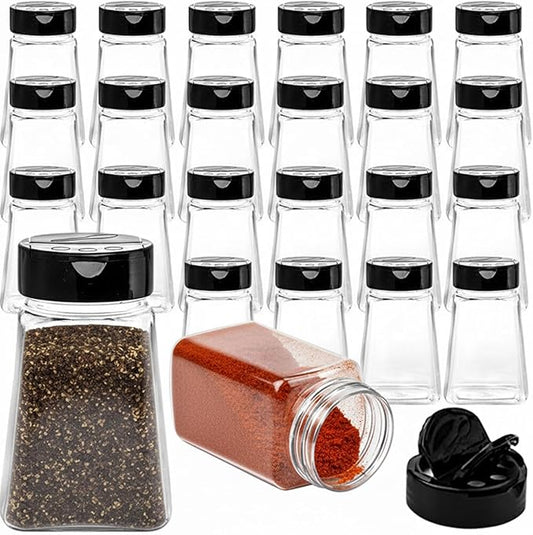 Tebery 24 Pack 9 Oz Plastic Spice Jars with Black Cap, Reusable Seasoning Containers Bottles for Kitchen Organization, Clear Plastic Spice Container with Shaker Lids for Spices Powders Herbs