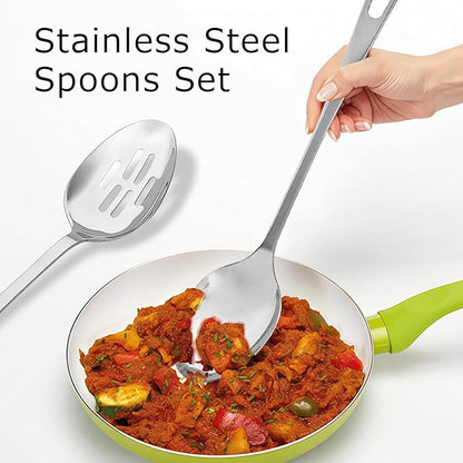Abodpove Stainless Steel Cooking Spoons Set - Serving Spoons For Cooking, Large Cooking Serving Spoon & Slotted Spoon, Easy to Clean Kitchen Spoons Set, Dishwasher Safe