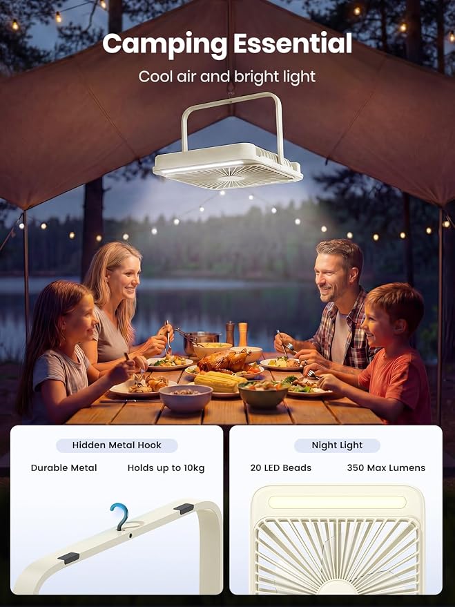 Warmco 20000mAh Battery Powered Fan, 8-Inch Ultra-Slim Portable Camping Fan with LED Lantern, Up to 48H Runtime Rechargeable Desk Fan for Bedroom, Outdoor, Tent, Travel, Cruise Ship Essentials