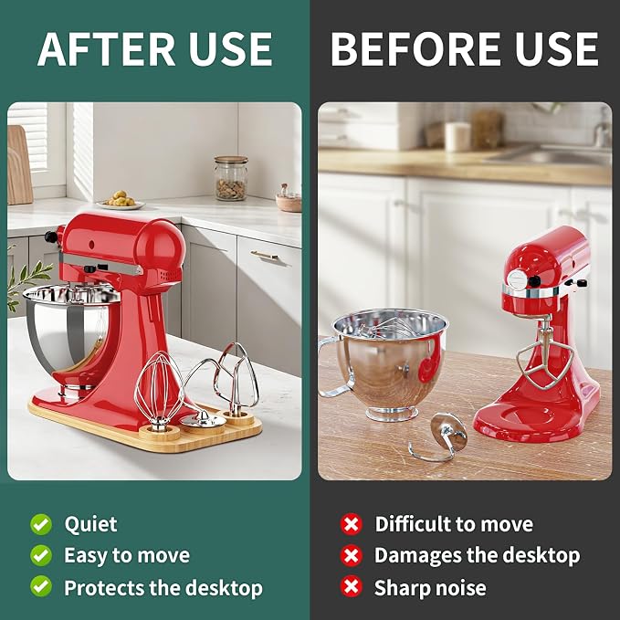 2-in-1 Mixer Sliding Mat with Attachment Storage for KitchenAid Stand Mixer, Bamboo Mixer Slider Pad for KitchenAid 4.5-5 Qt Tilt-Head Mixer, Easy Move & Protect Countertop, Hold 3 Mixer Attachments