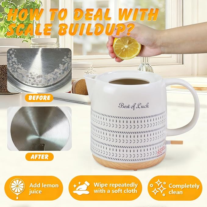 Ceramic Electric Kettle 1 Quarts, Hot Water Boiler Electric Kettles, Tea Pot with LED Light, Boil Dry Protection, Short Spout 1000W Fast Boil, Automatic Shut-off
