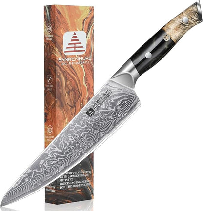 8 inch Japanese Damascus Chef Knife, Damascus Chefs Knife Kitchen Knives for All-Around Food Preparation, Japanese Super Steel Sharp Chef's Knives, Professional Resin Handle Chef Knife