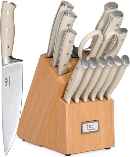 WANGMAZI Block Knife Set, 15 Pcs Kitchen Knife Set with Block and Sharpener, Ultra Sharp Kitchen Knives Set, Modern Style for Home & Chef, Natural Pro