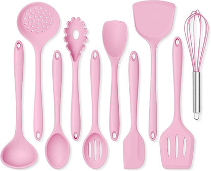 Onader Silicone Cooking Utensils Set, 10 Pieces Kitchen Utensils Set, Pink Kitchen Gadgets Tools Kit for Nonstick Cookware