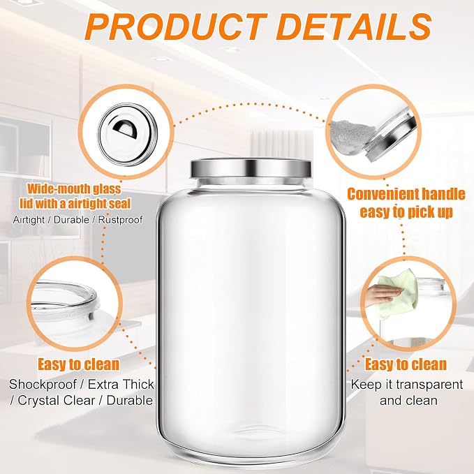 Hushee 6 Gallon Large Glass Jar with Metal Lid Wide Mouth Cookie Jars with Scoop Labels Marker Airtight Canning Canisters Heavy Duty Glass Food Storage Containers for Storing Flour Rice Sugar Nuts