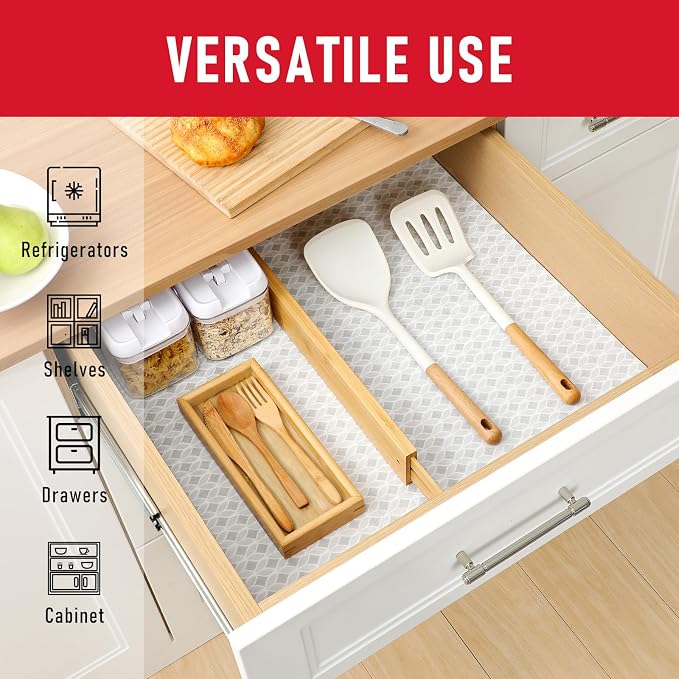 Cooyes French Door Refrigerator Liners 24" x 240", Absorbent Strong Grip Fridge Mats Machine Washable, Non-Adhesive Refrigerator Shelf Liner for Fridge Bins & Kitchen Cabinets, Gray