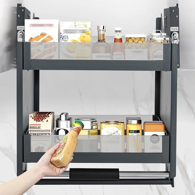 Pull Down Cabinet Organizer, 2-Tier Pull Down Shelf Wall Mount Cabinet with Pneumatic Damper System and 3-Gear Adjustable Bearing, Space-Saving Cabinet Organizer for Cabinet Inner Width≥23.6In