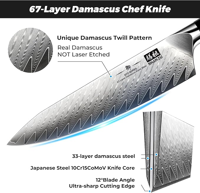 SHAN ZU Damascus Chef Knife 8 inch, 67-Layer High Carbon Steel Kitchen Knife,Ultra Sharp Japanese Chef Knife,Professional Kitchen Utility Knives with G10 Ergonomic Handle Cooking Knife with Gift Box