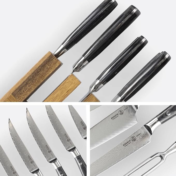 Messermeister Avanta Damascus 10-Piece Ebony Pakkawood Knife Block Set - Japanese Damascus Stainless Steel - 4 Speciality Knives, Heavy-Weight Fork, 4 Steak Knives & Magnetic Knife Block