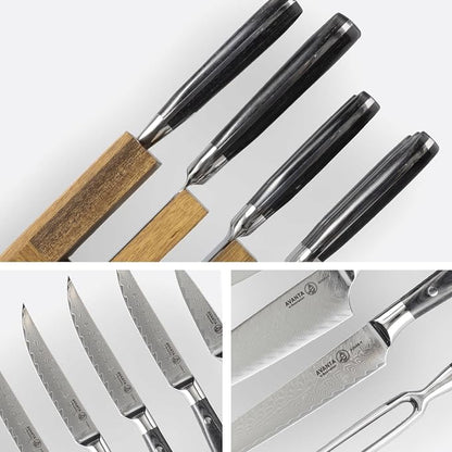 Messermeister Avanta Damascus 10-Piece Ebony Pakkawood Knife Block Set - Japanese Damascus Stainless Steel - 4 Speciality Knives, Heavy-Weight Fork, 4 Steak Knives & Magnetic Knife Block