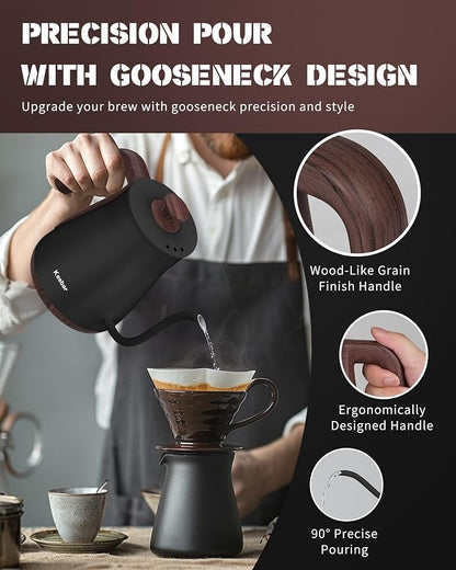 Electric Kettle, Electric Gooseneck Kettle with 6 Temperature Control Presets and LED Display, 0.8L/27.05oz, 0.8mm Ultra-Fine Spout, 304 Stainless Steel Inner, 1000W Gooseneck Kettle, Matte Black