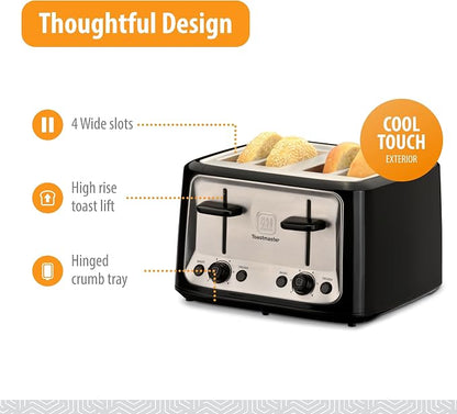 Toastmaster 4-Slice Toaster - Black with Stainless Steel - Multi-Function Toaster with Adjustable Browning Controls - For Sandwich Toasting, Breakfast Bread & More