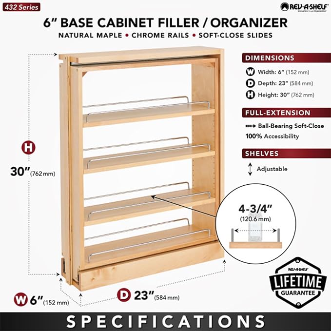 Rev-A-Shelf 6" Pull Out Shelf Organizer for Base Kitchen Cabinets, Filler Spice Rack Seasoning Storage Holder w/Soft-Close, Wood, 432-BFBBSC-6C