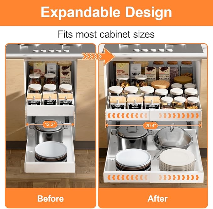 YJHome 2 Pack Pull Out Cabinet Organizer, No Drill Expandable Width 12"-20" & 21" Depth, Adhesive or Screw-In Installation, Magnetic Divider for Custom Storage, for Kitchen Pantry Bathroom Cabinet