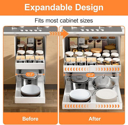 YJHome 2 Pack Pull Out Cabinet Organizer, No Drill Expandable Width 12"-20" & 21" Depth, Adhesive or Screw-In Installation, Magnetic Divider for Custom Storage, for Kitchen Pantry Bathroom Cabinet