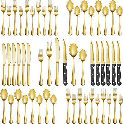 72 Pcs Gold Silverware Set with Steak Knives, Stainless Steel Flatware Cutlery Set Service for 12, Kitchen Tableware Set, Utensil Set for Home and Restaurant, Knives Forks Spoon Set, Dishwasher Safe