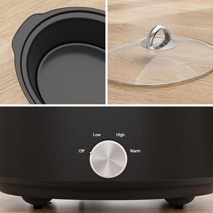 Sunvivi Small Slow Cooker 4QT, Mini Food Warmer with 3 Heating Settings, Removable Ceramic Pot, Dishwasher Safe Glass Lid, Stainless Steel, Black