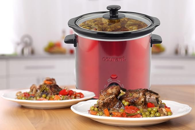 Courant 3.2 Quart Slow Cooker - Red, Removable Ceramic Insert & Glass Lid With Three Temperature Settings