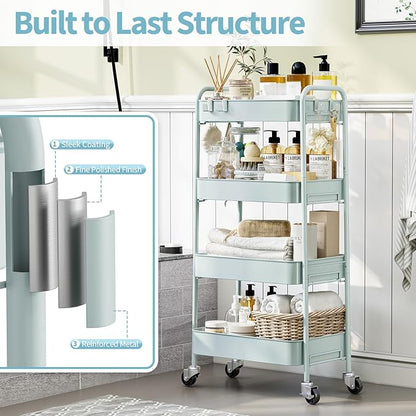 TOOLF 4-Tier Rolling Cart - Metal Storage Organizer with Lockable Wheels, 44 lbs Per Shelf Capacity, Tool-Free Assembly, for Kitchen Bathroom Office Laundry Room Nursery, Green
