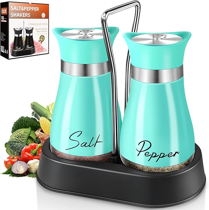 Salt and Pepper Shakers Set, 4 oz Stainless Steel Salt Shaker, Farmhouse Salt Pepper Shaker Containers with Glass Bottom for Kitchen Gadgets Cooking Table, BBQ, Bar, RV, Camp (Blue)