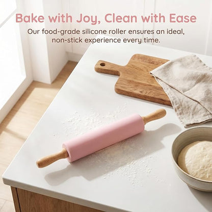 Silicone Rolling Pin for Baking,15inch Pastry Dough Roller with Wooden Handle Non Stick Surface Rolling Pin for Dough Fondant Cookie Pastry Tapered Dumpling Baking Supplies (pink)