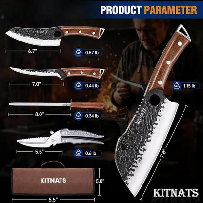 KITNATS 9PCS Butcher Knife Set with Roll Bag, Hand Forged Kitchen Knife Set with Meat Cleaver, Boning Knife & Chef Knife for BBQ, Meat Processing, Camping, Outdoor Cooking, Gift for Men