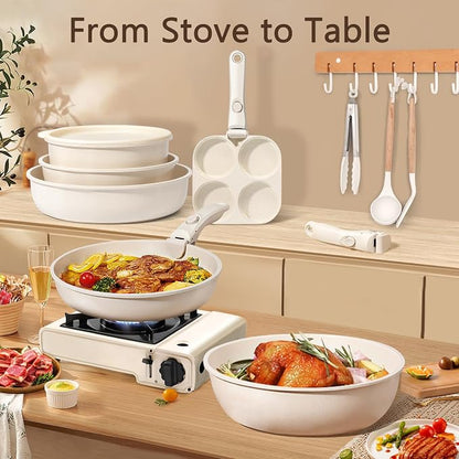 GiPP Ceramic Pots and Pans Set Non Stick, Nonstick Detachable Handle Cookware Sets, Healthy Non Toxic PFAS PFOA & PTFE Free, Dishwasher ＆Oven Safe, Induction Kitchen Pot and Pan, 15 Piece Cream