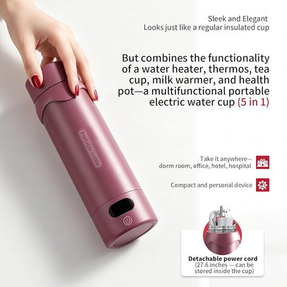 Insulated Stainless Steel Electric Kettle Small, Smart Water Bottle with 4 temperature control, Leak-Proof, Mini Travel Essentials Portable Office Gifts for Tea Lovers, Black Cherry