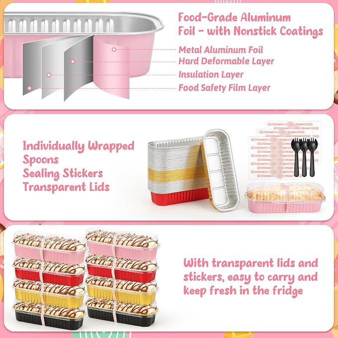 selizo 60 Pack 6.8oz Mini Loaf Baking Cake Pans with Lids, Rectangle Disposable Aluminum Foil Loaf Baking Pans, Small Baking Cake Tins Cup Cake Containers for Individual Cakes (Multi-colored)