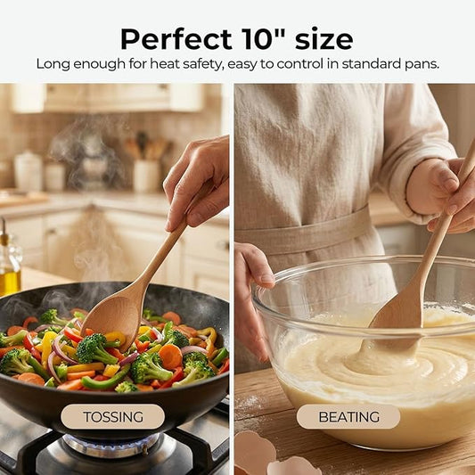HANSGO 10 Inch Wooden Spoons for Cooking, 3PCS European Beech Wood Mixing Spoons, Heat Resistant, Non-Scratch for Nonstick Pans & Soup Pots, Ideal for Home Kitchen Stirring, Serving & Baking