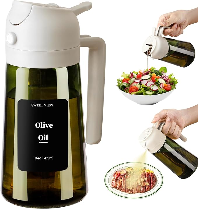 SWEET VIEW Olive Oil Dispenser and Oil Sprayer – 16oz/470ml Glass Light-Proof Oil Pourer for Kitchen with Stickers for Air Fryer, Cooking, Salad, and BBQ