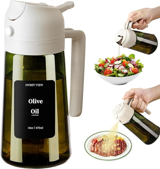 SWEET VIEW Olive Oil Dispenser and Oil Sprayer – 16oz/470ml Glass Light-Proof Oil Pourer for Kitchen with Stickers for Air Fryer, Cooking, Salad, and BBQ