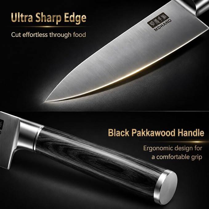 MDHAND Kitchen Knife Set, 3 Pieces Ultra Sharp Japanese Knife Set, High Carbon Stainless Steel Professional Chef Knives Set with Black Pakkawood Handle for Home Cooking, Dishwasher Safe
