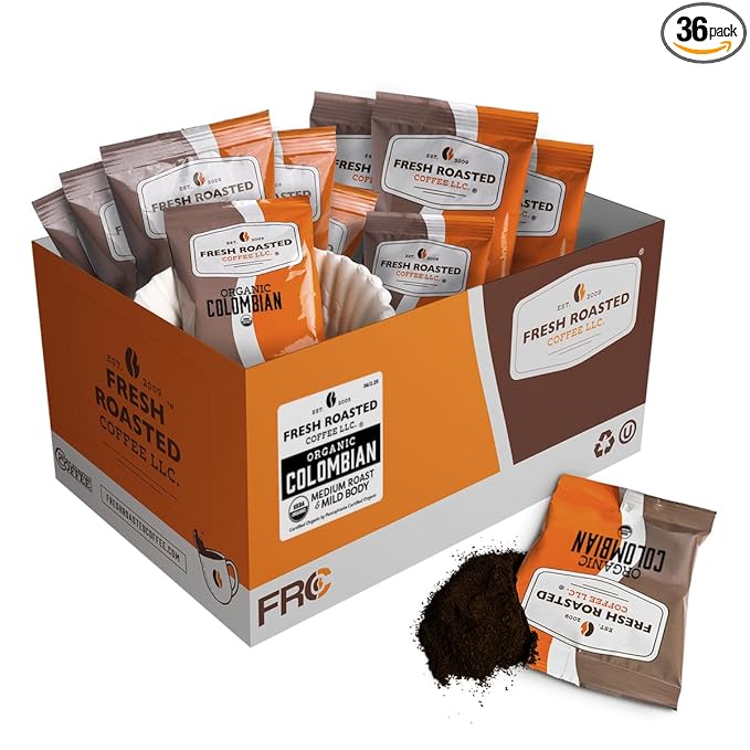 Fresh Roasted Coffee, Organic Colombian Drip Ground Fractional Packs, Medium Roast, USDA Organic, 100% Single Origin, Kosher, 2.25 oz, 36 Count