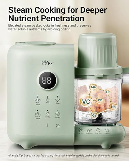Bear Baby Food Maker with 18.5oz Dual-Layer Steam Baskets, OneStep Baby Food Processor Steamer Puree Blender Grinder Mills, Auto Cooking Grinding&Sterili-zing for Healthy Homemade Baby Food, BPA-Free
