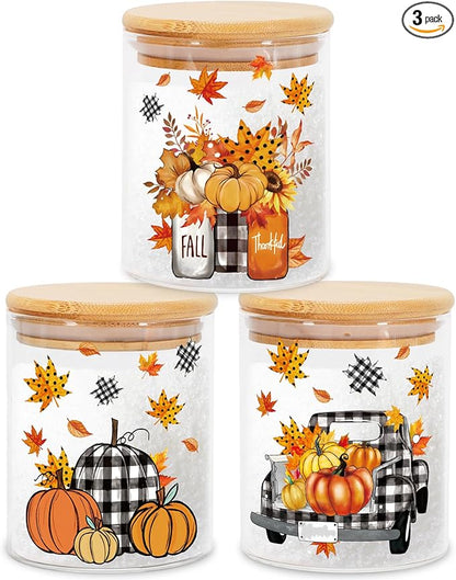 JarThenaAMCS 3Pcs Fall Glass Storage Jars with Airtight Lid Pumpkin Truck Leaves Clear Food Storage Canisters Sets for Autumn Thanksgiving Home Kitchen Countertop Decoration