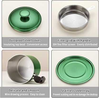 Kyraton Bacon Grease Container With Strainer, 48 oz Metal Shining Green Coating Oil Container, Pot Fat Storage With Lid, Easy Grip Handle Suitable For Storing Frying Oil And Cooking Grease