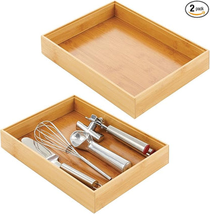 mDesign Bamboo Wood Stackable Drawer Organizer Bin Box for Kitchen; Holds Silverware, Cutlery, Utensils - Echo Collection - 2 Pack - Natural