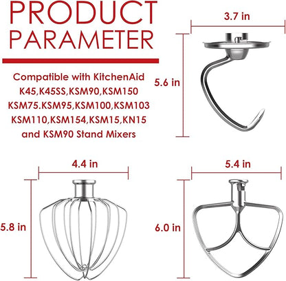 3-Piece Stainless Steel Mixer Attachment Kit for KitchenAid 4.5/5 QT Tilt-Head Mixers, K45WW Wire Whip, K45DH Dough Hook & K45B Coated Flat Beater, Baking Essentials Set, Dishwasher Safe