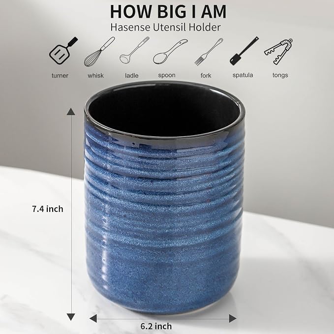 HASENSE Large Ceramic Utensil Holder, 7.4" Kitchen Utensil Crock for Countertop, Modern Farmhouse Utensil Organizer Caddy for Cooking Utensil Set, Blue Kitchen Decor