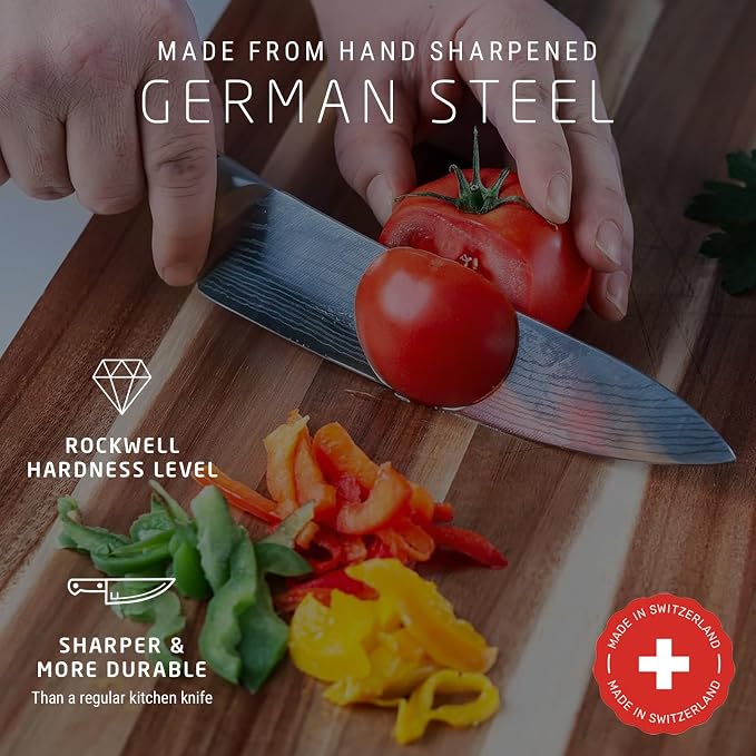 Swiss Diamond Chef & Paring Knife, German Steel with Carbonized Ash Wood, Full Tang Handle, Damascus Blade Chef Knives Professional Grade, 55+2 Rockwell Hardness, 8 & 4.5 Inch