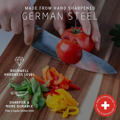 Swiss Diamond Chef & Paring Knife, German Steel with Carbonized Ash Wood, Full Tang Handle, Damascus Blade Chef Knives Professional Grade, 55+2 Rockwell Hardness, 8 & 4.5 Inch