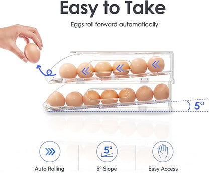 SMRCAD Egg Holder for Fridge, Automatic Steady Rolling Egg Container with Soft Bumpers & Handle for Refrigerator, Stackable Fridge Organizers and Storage with Lid