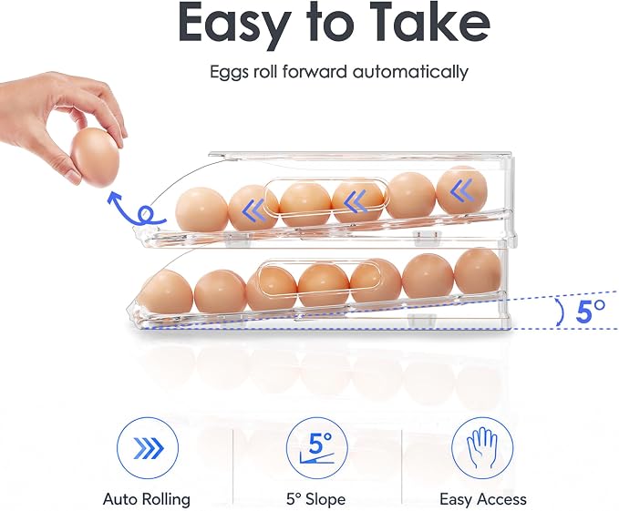 SMRCAD Egg Holder for Fridge, Automatic Steady Rolling Egg Container with Soft Bumpers & Handle for Refrigerator, Stackable Fridge Organizers and Storage with Lid