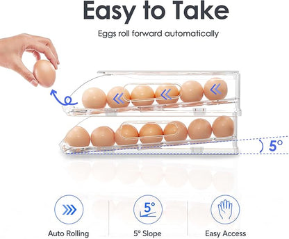 SMRCAD Egg Holder for Fridge, Automatic Steady Rolling Egg Container with Soft Bumpers & Handle for Refrigerator, Stackable Fridge Organizers and Storage with Lid