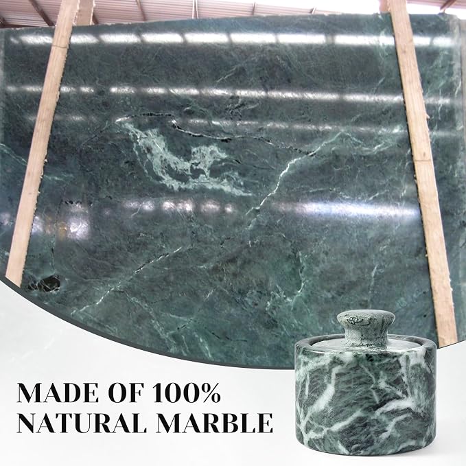Koville Green Marble Salt Cellar with Lid 3.5", Stone Pepper Container & Spice Jars for Kitchen, Marble Salt and Pepper Holder, Stone Storage Box for Kitchen Counter, Spice Jar (Verde Alpi Green)