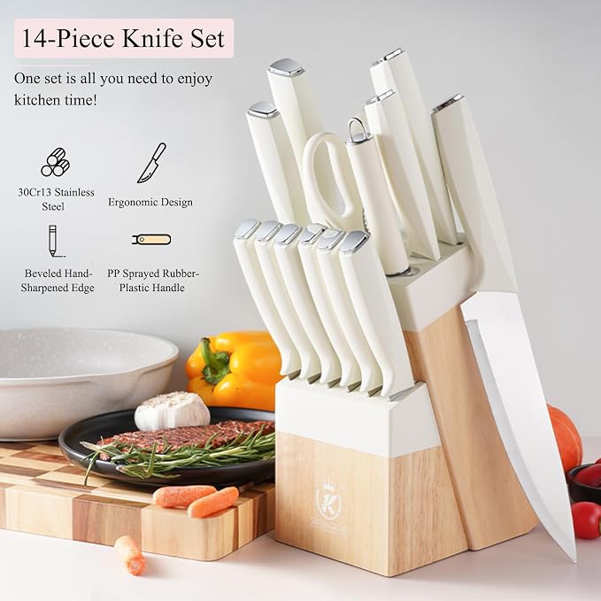 White Knife Set with Wood Block, 14-Piece Aesthetic Kitchen Knife Sets for Women,Non Rust Sharp Stainless Steel Knives With Sharpener,Gifts for Modern Kitchen Decor