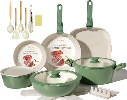 Ceramic Cookware Set Non Stick 23Pcs Pots and Pans Set Non Toxic with Detachable Handle Induction Kitchen Cookware Set Space Saving, Oven & Dishwasher Safe, Green