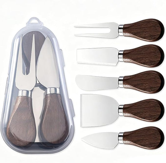 YUANQIAN Cheese Knife Set with Acacia Wood Handles - Cheese Knife, Spreader, Fork, Slicer - Mini Stainless Steel Cheese Tools for Charcuterie Boards (Walnut-Silver, S2)