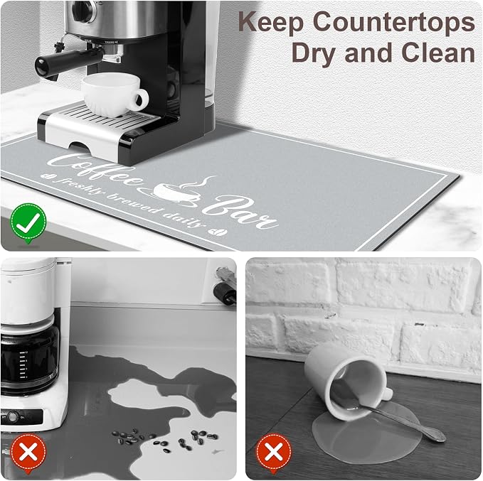 CooRug Absorbent Coffee Mat, Fashion Dish Drying Mat for Kitchen Counter Coffee Bar Accessories Espresso Machine Dish Rack 17" x 32" Light Grey